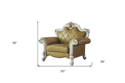 50" Beige and Pearl Faux Leather Tufted Arm Chair