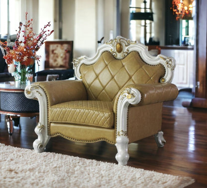 50" Beige and Pearl Faux Leather Tufted Arm Chair And Toss Pillow
