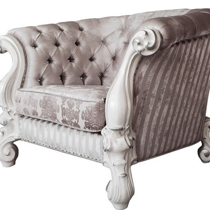 52" Ivory and Bone Fabric Damask Tufted Chesterfield Chair And Toss Pillows