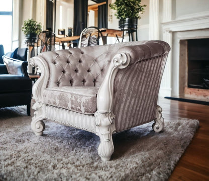 52" Ivory and Bone Fabric Damask Tufted Barrel Chair