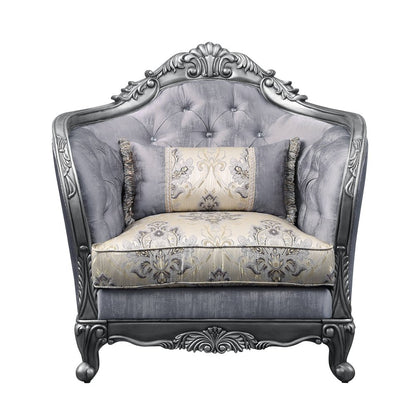43" Light Gray and Platinum Fabric Floral Tufted Arm Chair And Toss Pillow