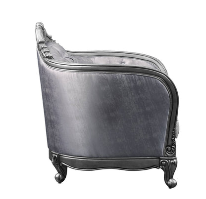 43" Light Gray and Platinum Fabric Floral Tufted Arm Chair And Toss Pillow
