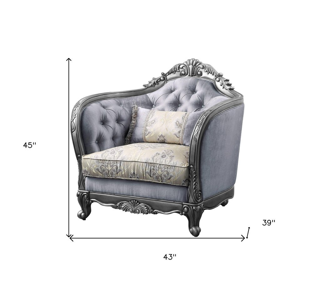 43" Light Gray and Platinum Fabric Floral Tufted Arm Chair And Toss Pillow
