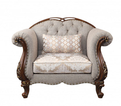 48" Beige and Brown Fabric Floral Arm Chair