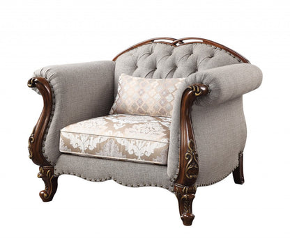 48" Beige and Brown Fabric Floral Arm Chair