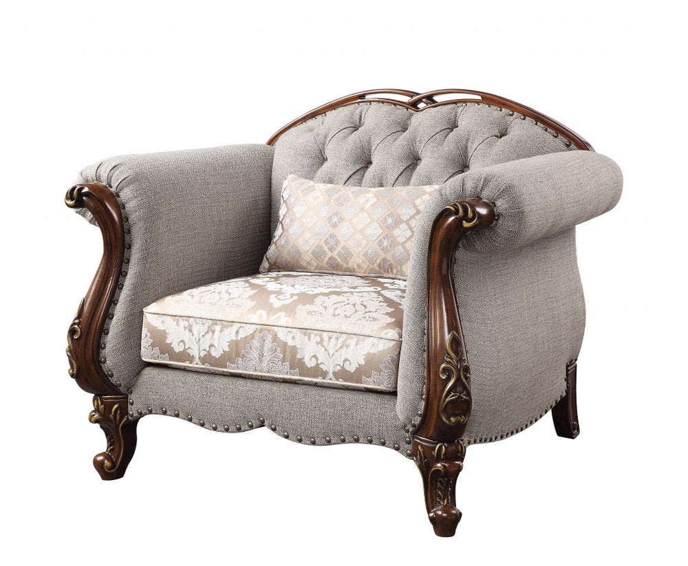 48" Beige and Brown Fabric Floral Arm Chair