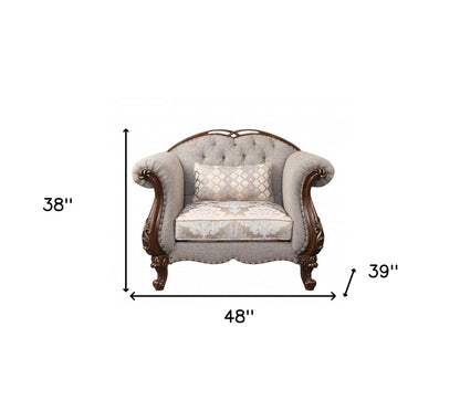 48" Beige and Brown Fabric Floral Arm Chair