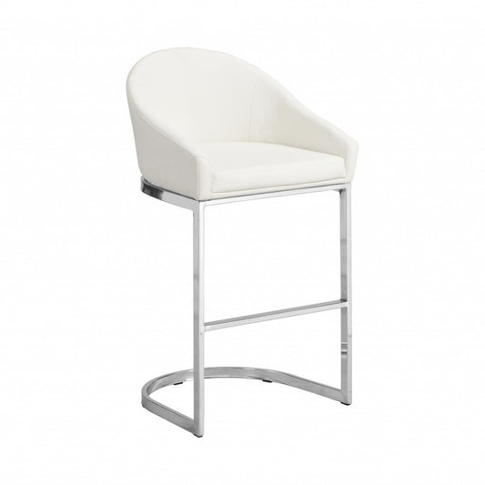 35" White And Silver Faux Leather And Faux Leather And Steel Low Back Bar Height Bar Chair