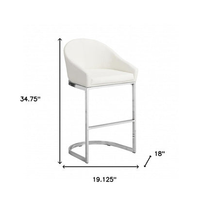 35" White And Silver Faux Leather And Faux Leather And Steel Low Back Bar Height Bar Chair
