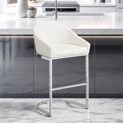 35" White And Silver Faux Leather And Faux Leather And Steel Low Back Bar Height Bar Chair