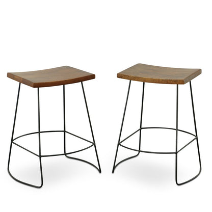 Set of Two 25" Chestnut and Black Solid Wood and Steel Backless Counter Height Bar Chairs
