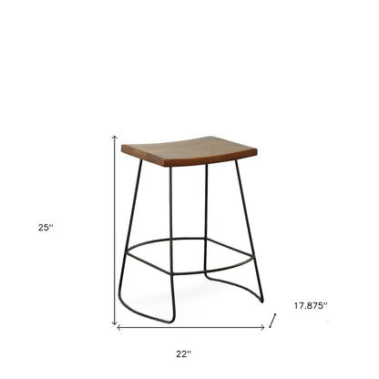 Set of Two 25" Chestnut And Black Solid Wood And Steel Backless Counter Height Bar Chairs