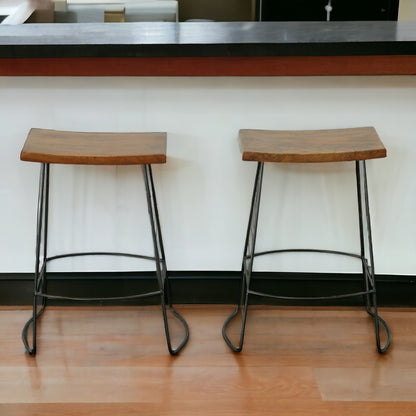 Set of Two 25" Chestnut And Black Steel Backless Counter Height Bar Chairs