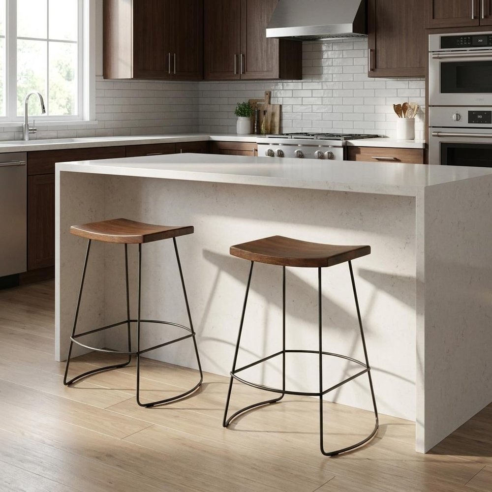 Set of Two 25" Chestnut and Black Solid Wood and Steel Backless Counter Height Bar Chairs