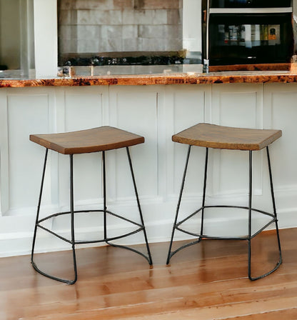 Set of Two 25" Chestnut And Black Steel Backless Counter Height Bar Chairs