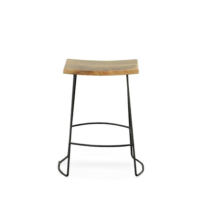 Set of Two 25" Natural And Black Solid Wood And Steel Backless Counter Height Bar Chairs