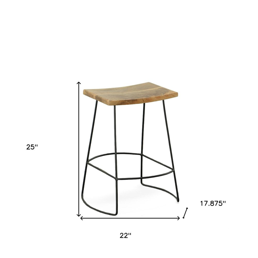 Set of Two 25" Natural And Black Solid Wood And Steel Backless Counter Height Bar Chairs