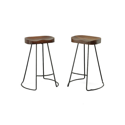 Set of Two 25" Chestnut and Black Solid Wood and Steel Backless Counter Height Bar Chairs