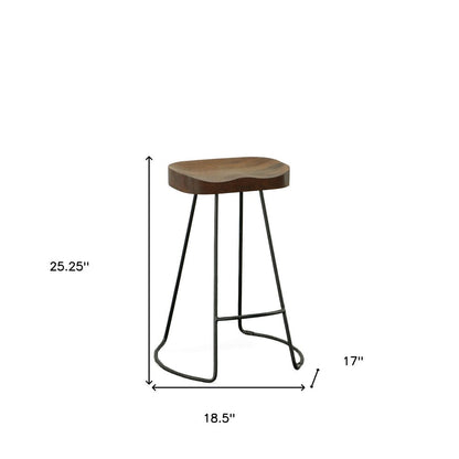 Set of Two 25" Chestnut and Black Solid Wood and Steel Backless Counter Height Bar Chairs