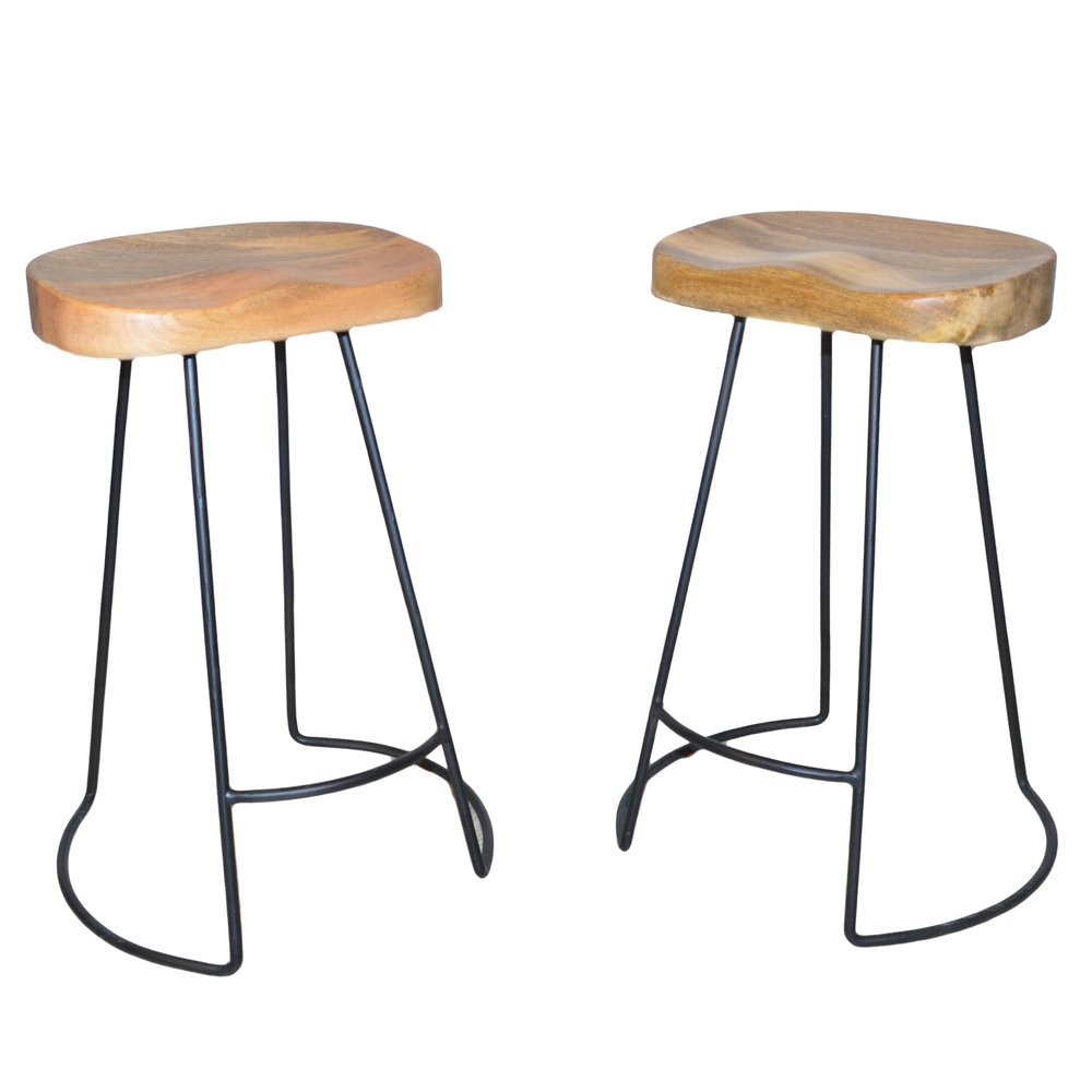 Set of Two 25" Natural And Black Solid Wood And Steel Backless Counter Height Bar Chairs