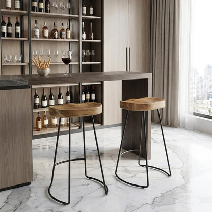 Set of Two 25" Natural and Black Solid Wood and Steel Backless Counter Height Bar Chairs