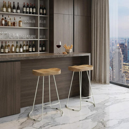Set of Two 25" Natural and White Solid Wood and Steel Backless Counter Height Bar Chairs