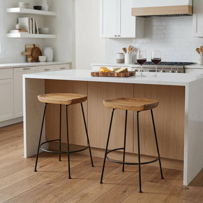 Set of Two 25" Natural and Black Solid Wood and Steel Backless Counter Height Bar Chairs