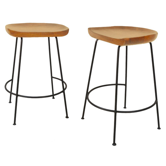 Set of Two 25" Natural And Black Solid Wood And Steel Backless Counter Height Bar Chairs