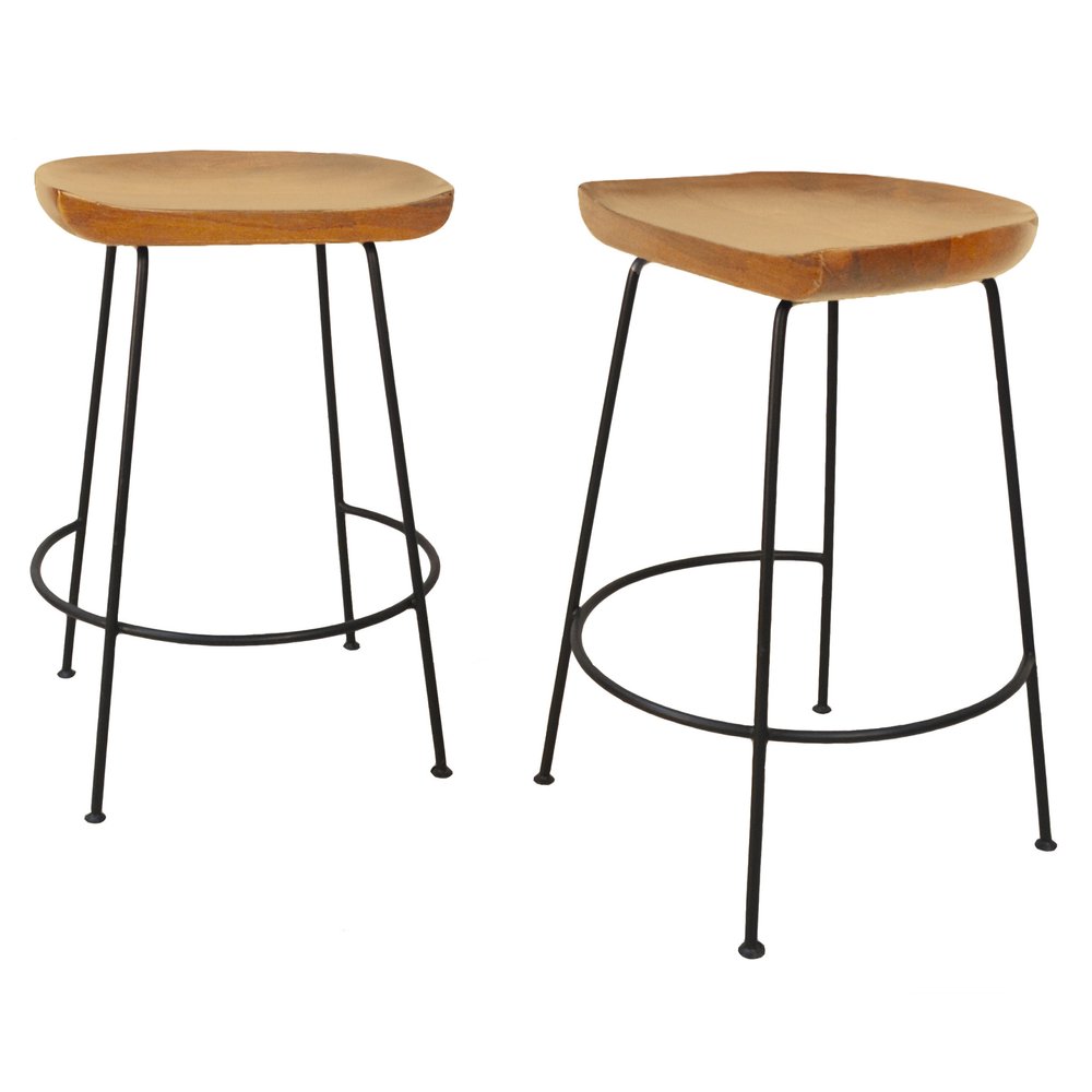 Set of Two 25" Natural and Black Solid Wood and Steel Backless Counter Height Bar Chairs