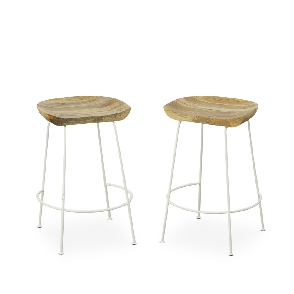 Set of Two 25" Natural and White Solid Wood and Steel Backless Counter Height Bar Chairs