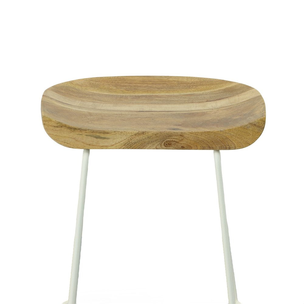 Set of Two 25" Natural And White Solid Wood And Steel Backless Counter Height Bar Chairs