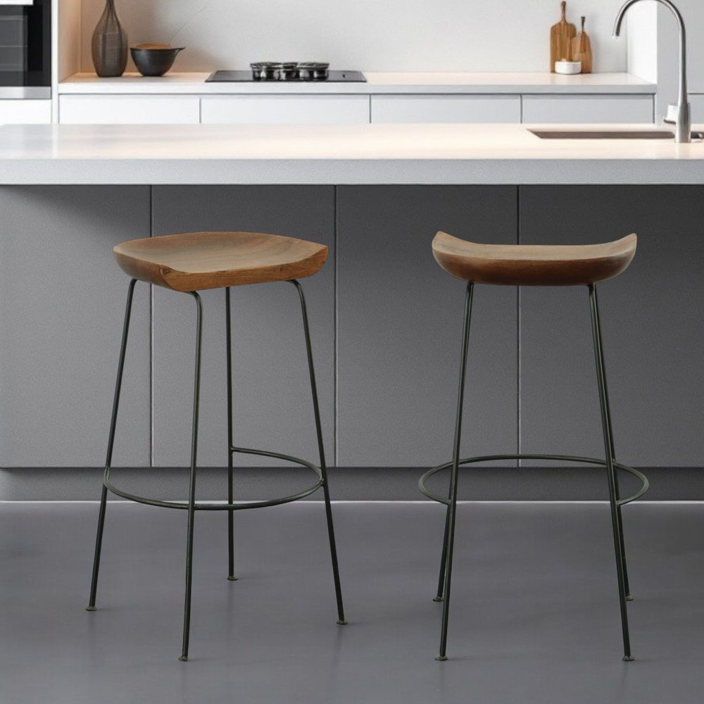 Set of Two 31" Chestnut And Black Solid Wood And Steel Backless Bar Height Bar Chairs