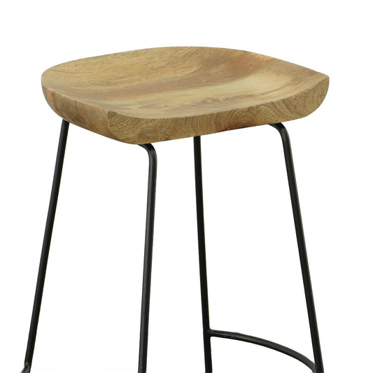 Set of Two 31" Natural and Black Solid Wood and Steel Backless Bar Height Bar Chairs