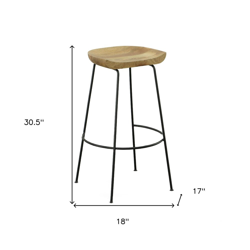 Set of Two 31" Natural And Black Solid Wood And Steel Backless Bar Height Bar Chairs