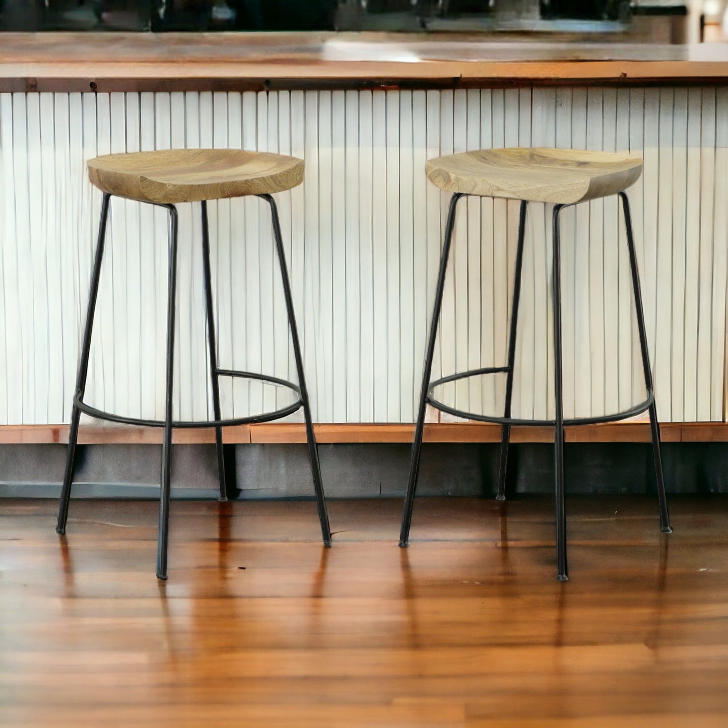 Set of Two 31" Natural And Black Steel Backless Bar Height Bar Chairs