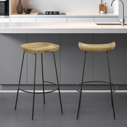 Set of Two 31" Natural and Black Solid Wood and Steel Backless Bar Height Bar Chairs