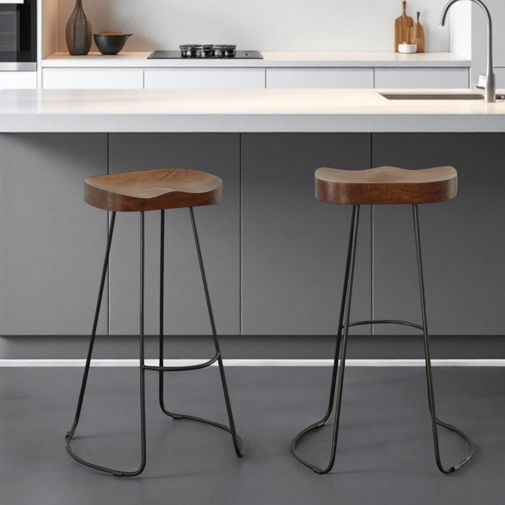 Set of Two 31" Chestnut and Black Solid Wood and Steel Backless Bar Height Bar Chairs