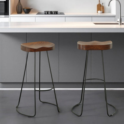 Set of Two 31" Chestnut And Black Solid Wood And Steel Backless Bar Height Bar Chairs
