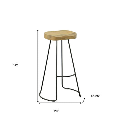 Set of Two 31" Natural And Black Solid Wood And Steel Backless Bar Height Bar Chairs