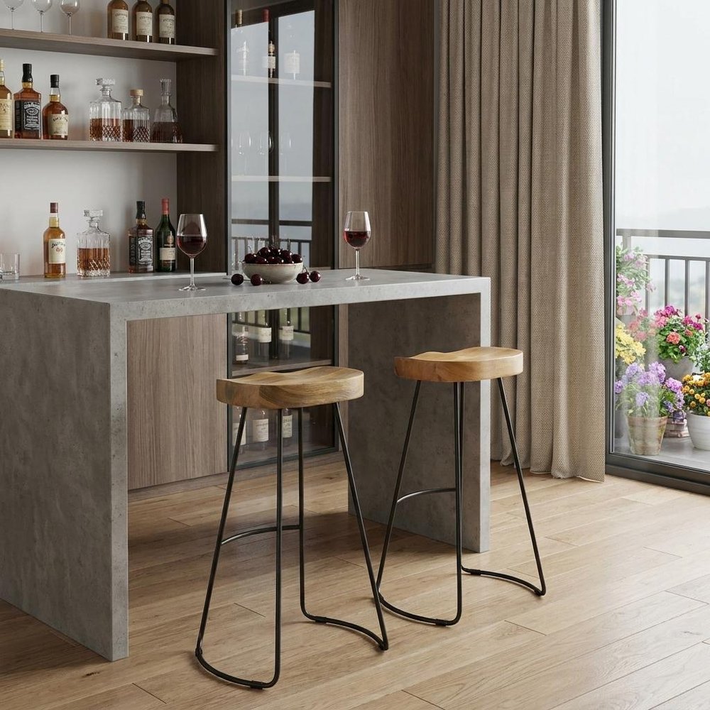 Set of Two 31" Natural and Black Solid Wood and Steel Backless Bar Height Bar Chairs
