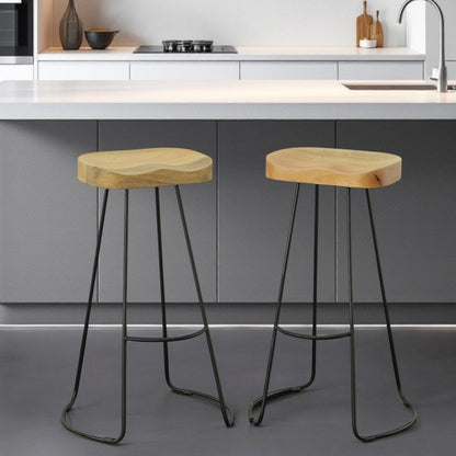 Set of Two 31" Natural and Black Solid Wood and Steel Backless Bar Height Bar Chairs