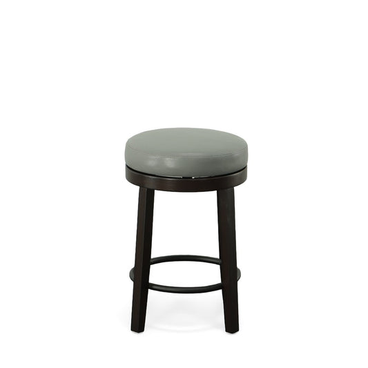 Set of Two 24" Gray and Espresso Faux Leather and Solid Wood Backless Counter Height Swivel Bar Chairs