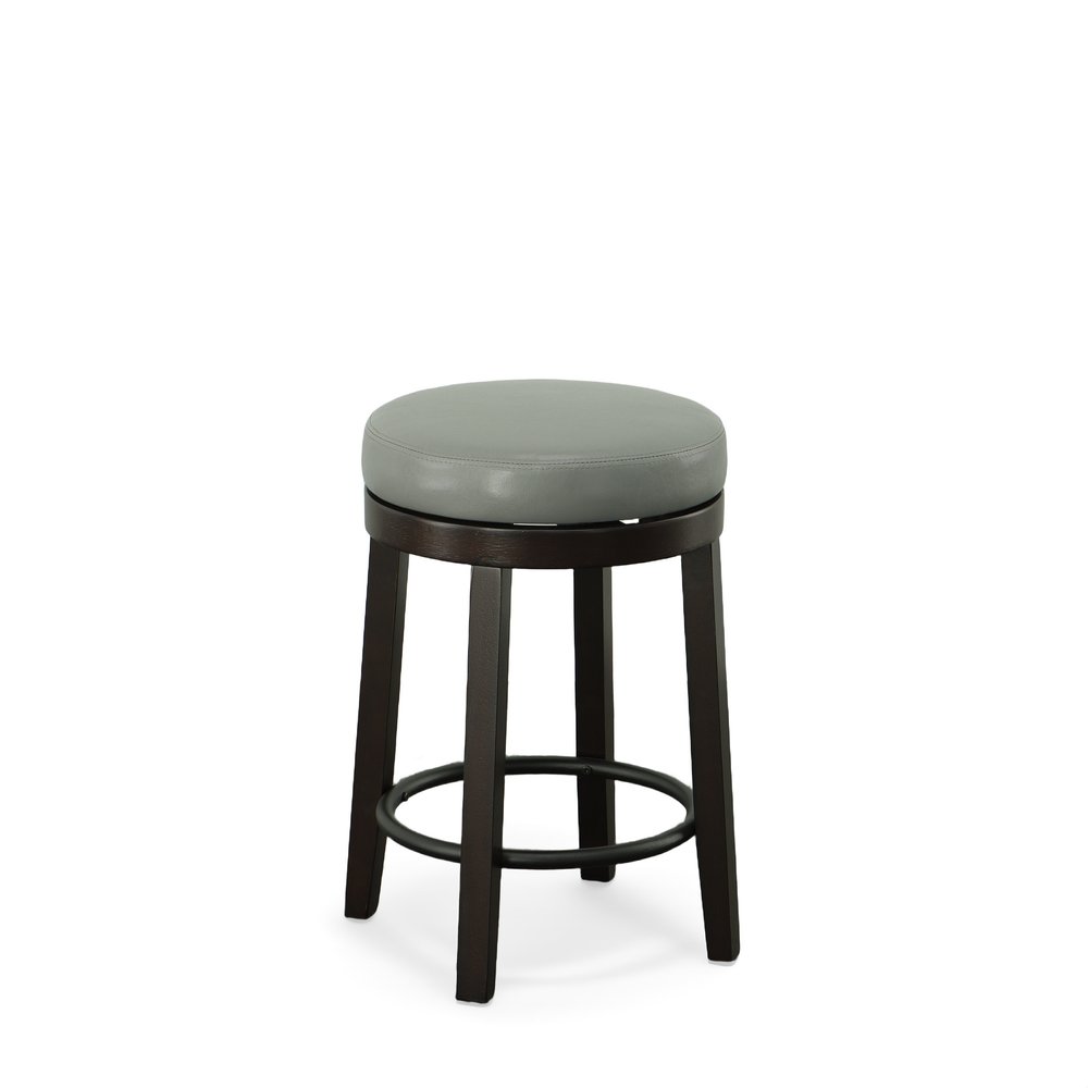 Set of Two 24" Gray And Espresso Faux Leather And Faux Leather And Solid Wood Backless Counter Height Swivel Bar Chairs