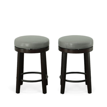 Set of Two 24" Gray and Espresso Faux Leather and Solid Wood Backless Counter Height Swivel Bar Chairs