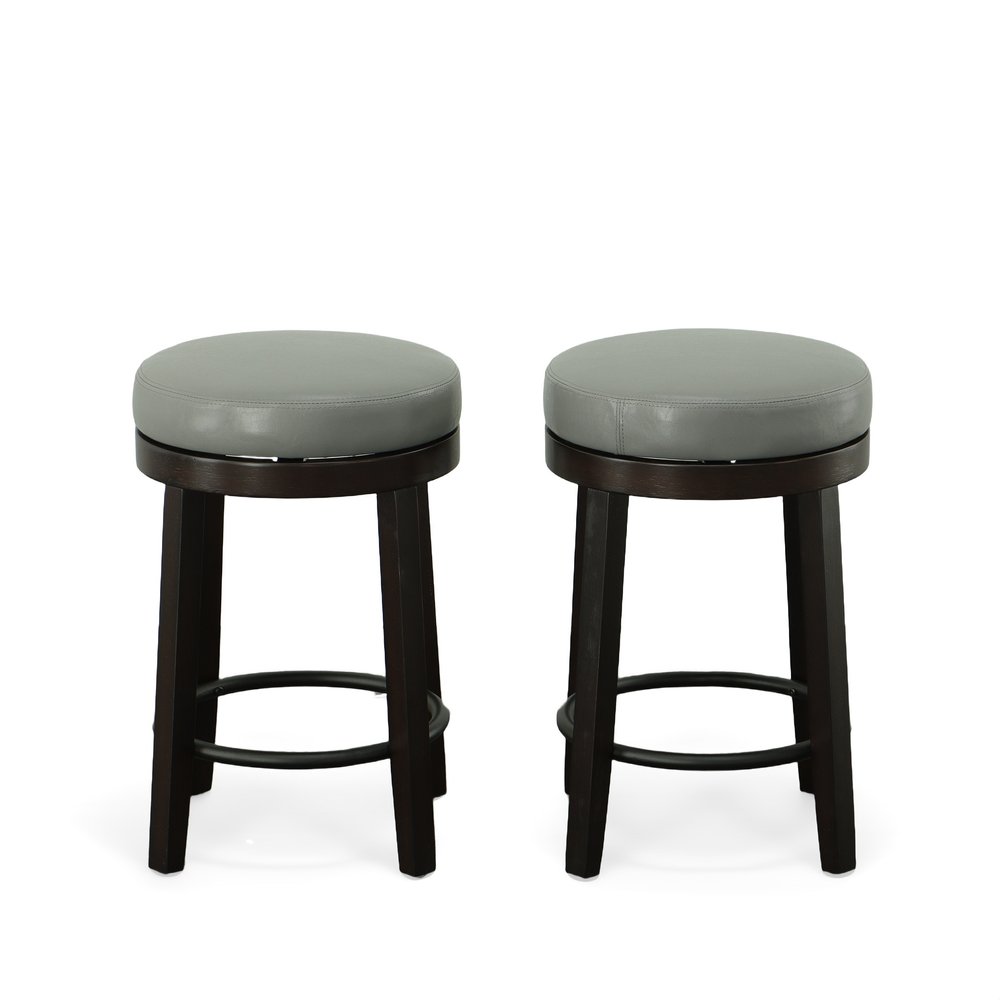 Set of Two 24" Gray And Espresso Faux Leather And Faux Leather And Solid Wood Backless Counter Height Swivel Bar Chairs