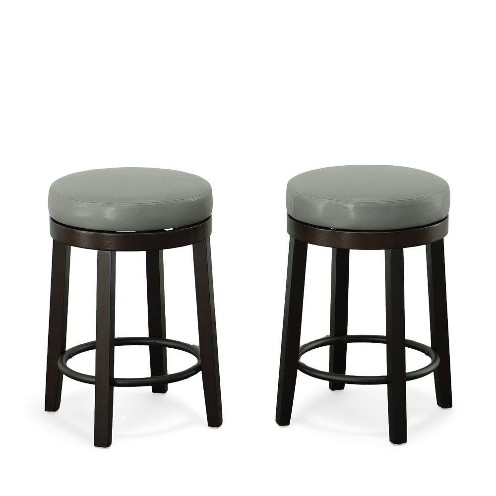 Set of Two 24" Gray And Espresso Faux Leather And Faux Leather And Solid Wood Backless Counter Height Swivel Bar Chairs
