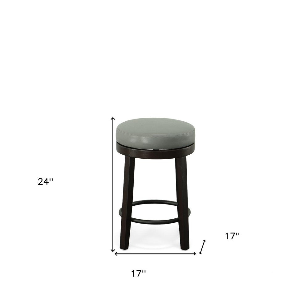 Set of Two 24" Gray And Espresso Faux Leather And Faux Leather And Solid Wood Backless Counter Height Swivel Bar Chairs