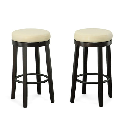 Set of Two 30" Cream And Espresso Faux Leather And Faux Leather And Solid Wood Backless Bar Height Swivel Bar Chairs