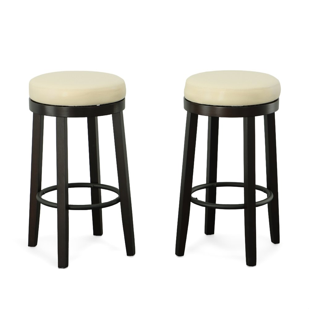 Set of Two 30" Cream And Espresso Faux Leather And Faux Leather And Solid Wood Backless Bar Height Swivel Bar Chairs