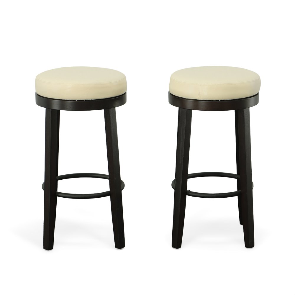 Set of Two 30" Cream And Espresso Faux Leather And Faux Leather And Solid Wood Backless Bar Height Swivel Bar Chairs